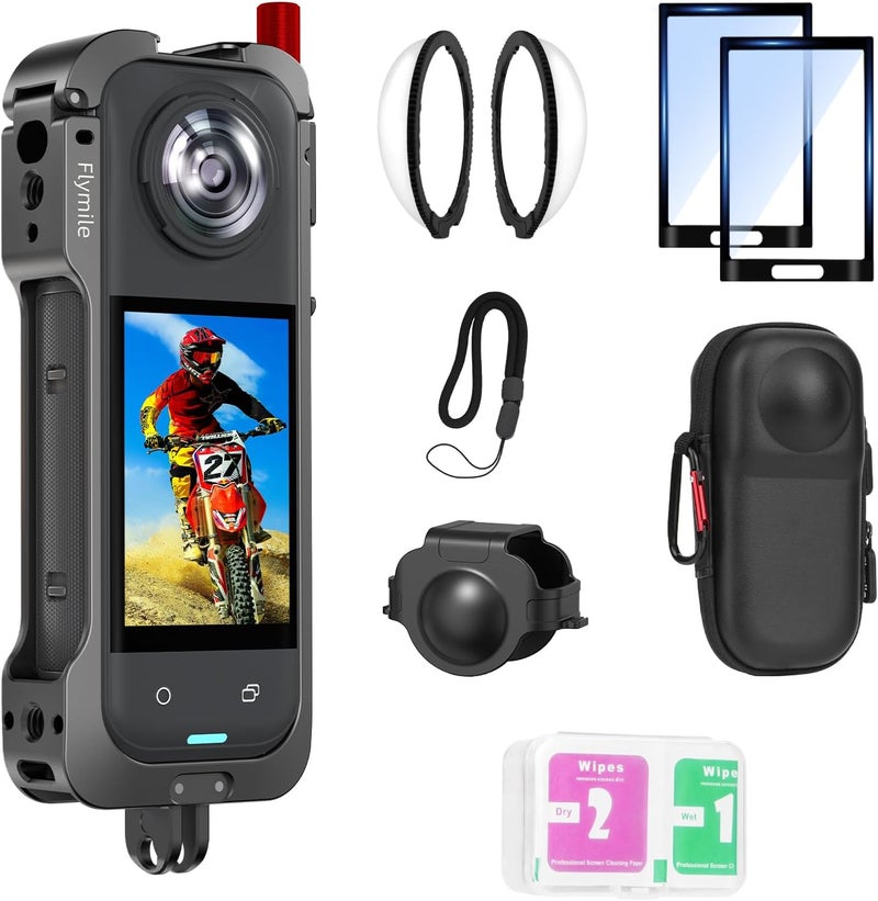 Flymile Insta 360 X5 Utility Cage/Carrying Case (Frame + Lens Cap) Lens Guard/2 Pack Screen Protector Accessories Kit, Tempered Film Glass Metal Cover Portable Bag for Insta360 X5 Protective Bundle - Image 1
